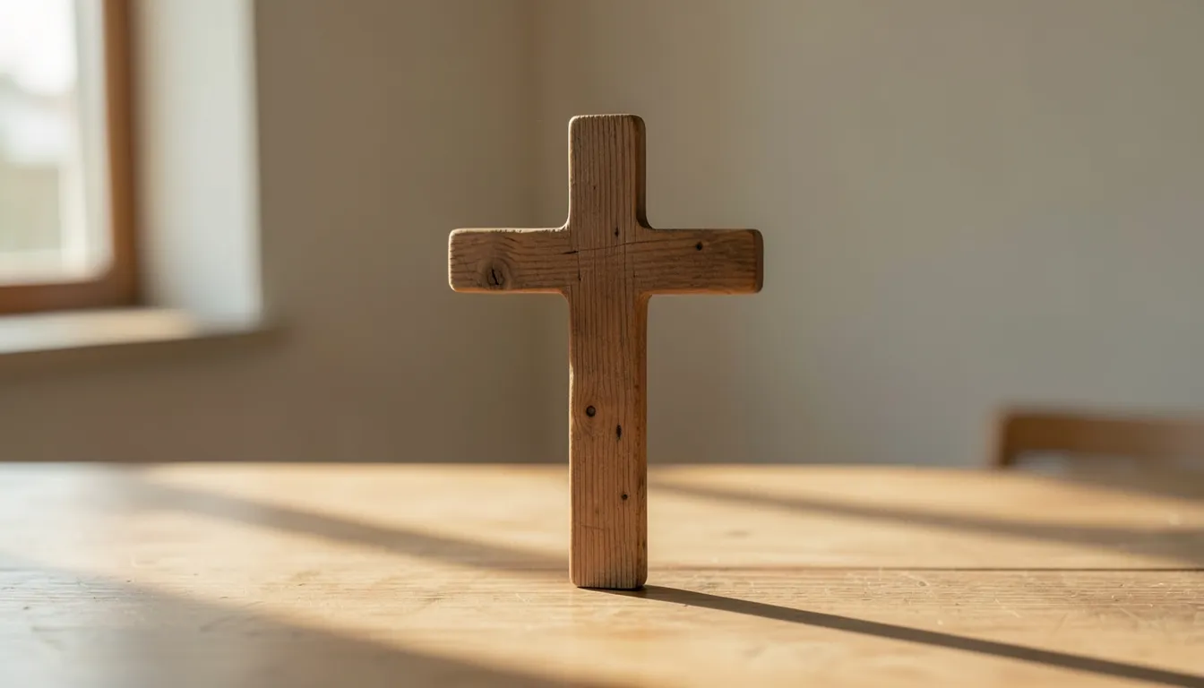 A simple wooden cross in soft window light